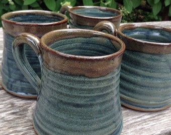 Set of rustic pottery mugs, handmade blue coffee cups