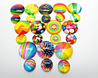 Rainbow Cabochons, Pack of 12 or 30, 16mm or 10mm, Glass Cabochons, Rainbow Jewelry, 12 Designs, Mixed Color, Cabochon Jewelry, UK Seller