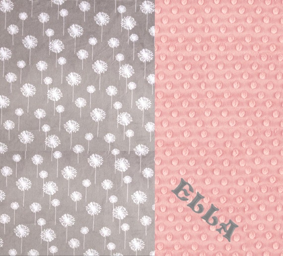 Personalized Baby Blanket, Floral Minky Baby Blanket Baby Girl Pink Gray Dandelion Blanket, Stroller Blanket, Nursery Decor, Flower Blanket