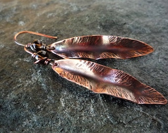 Long copper leaf earrings, Smoky quartz earrings, Fold-formed jewelry, Hammered copper, Oxidized copper