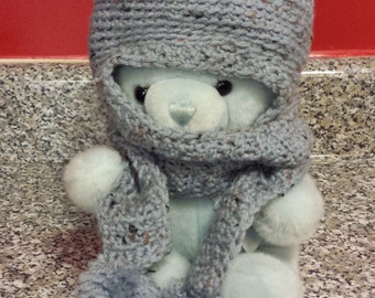 Baby Boy crochet hat with attached scarf with beige and brown speckles and pom-poms