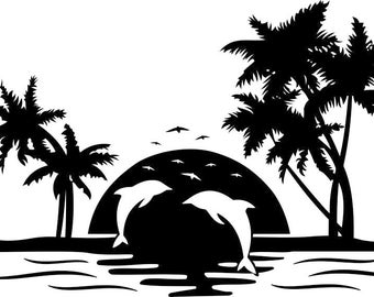 Dolphin palm tree sunset Graphics SVG Dxf EPS Png Cdr Ai Pdf Vector Art Clipart instant download Digital Cut Print File Cricut Silhouette