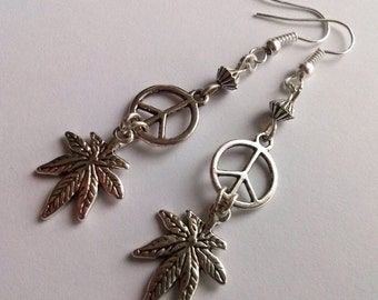 Silver Cannabis Earrings , Leaf Earrings , Peace Sign Earrings , Peace Earrings , CND Earrings , Hippie Jewellery , Handmade Jewelry , Gift