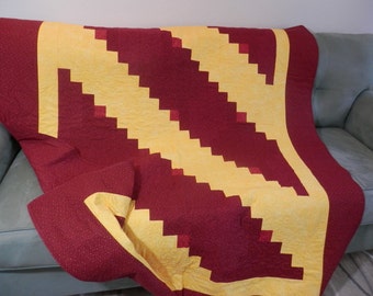 Burgundy and Gold Log Cabin Lap Quilt