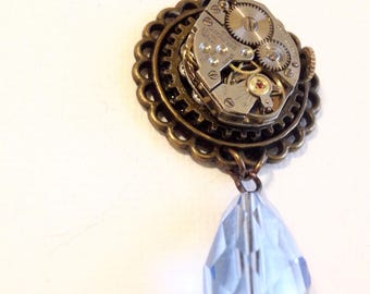 Sky blue and brass steampunk necklace