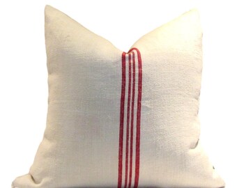 Vintage European Linen Grain Sack Pillow Cover 4 Red Stripes