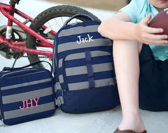 Monogrammed Grayson Lunch Box / Personalized Navy Gray Stripe Lunchbox / Monogrammed Blue Gray Lunch Tote / Boys Navy Gray Stripe Lunchbox