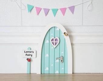 Personalised pastel Fairy door great gift for girls miniature pretend play make believe toothfairy door choice of colours cloud pattern elf