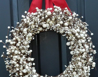 Christmas Berry Wreath - Cream Berry Wreath - Door Wreath - Holiday Wreath - Many Bow Options