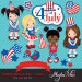4th of July, Independence Day Girls Clipart – American flag, American bird, 4th of July banner, stars, frame & cute characters.