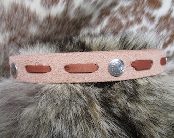 Leather Hatband, Natural Leather, Roughout Leather Hatband with Deer Skin Lace and Ties and Antique Silver Conchos