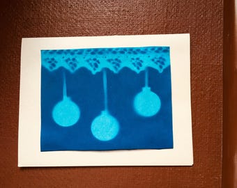 Cyanotype Baubles and Lace Christmas card