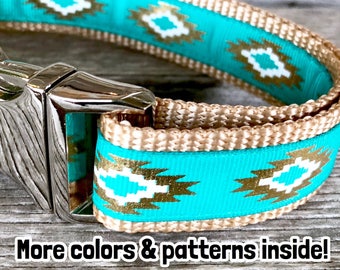 Aztec 1" Dog Collar, Teal Aztec Dog Collar, Large Dog Collar, Metal Buckle Pet Collar, Aluminum Buckle Dog Collar, Unique Dog Collar