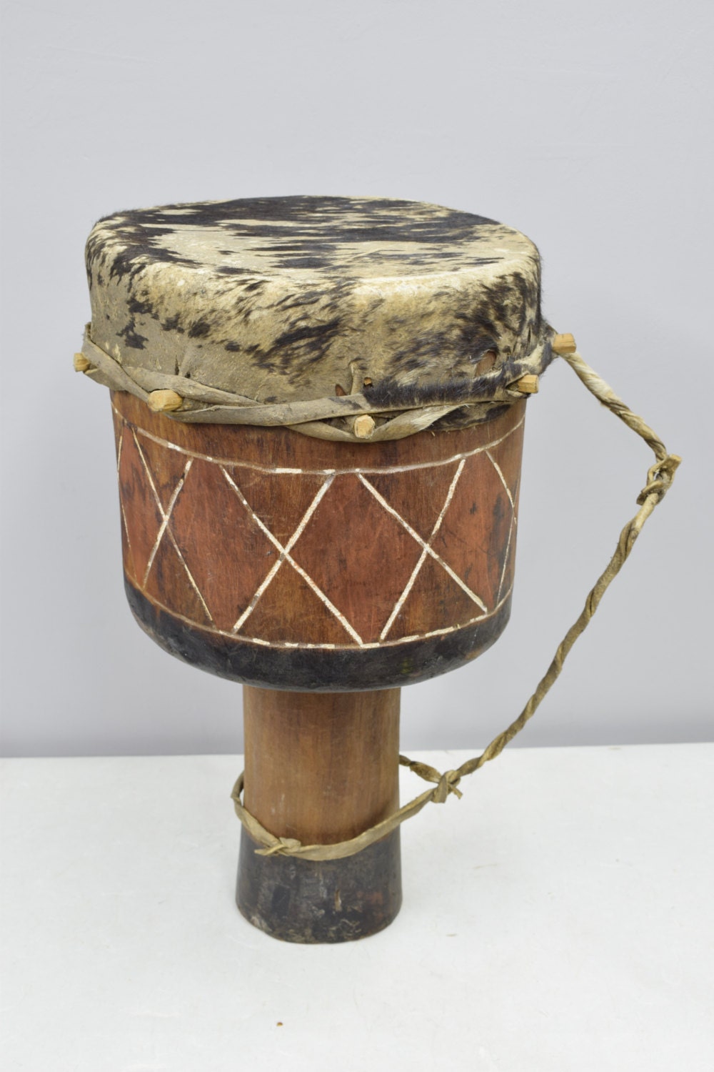 African Drum Zambia Wood Leather Handmade Carved Wood Musical Drum Dancing Ceremonial