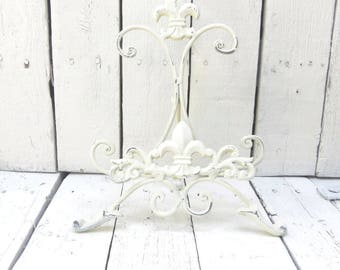 White Easel, Book Stand, Art Prop, Shabby and Chic, Fleur De Lis Decor, Parisian Cottage Chic, French Cottage Decor, Small Metal Easel
