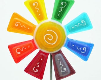 Glassworks Northwest - Brilliant Rainbow Flower Stake - Fused Glass Garden Art