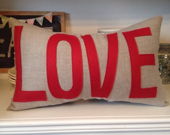 LOVE Pillow in Oatmeal Linen and Classic Red
