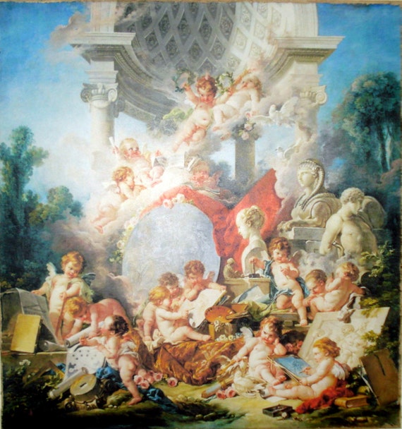 Cherubs The Arts Painting Print on Canvas Rococo RARE Ready to