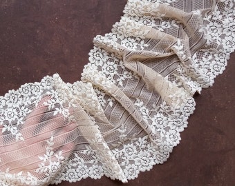 Stretch Lace beige color, Lace Two Tone wide lace, Lingerie lace, Lace trim, lace width 7,48 inch, 19 cm, Lace per coupons (pcs), Nr 2091