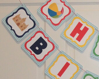POOL PARTY Beach Party Happy Birthday or Baby Shower Party Banner Red Blue