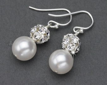 Pearl Wedding Earrings, Classic Pearl Drop Earrings, Wedding Jewelry for Brides, Pearl and Rhinestone Dangle Earrings