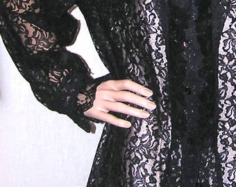 Vintage Black Lace Blouse . Lace Shirt . Black Blouse . Ruffled Blouse .