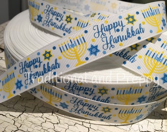 3 YARDS 7/8" HANUKKAH White Menorah Star of David Glitter Grosgrain Ribbon