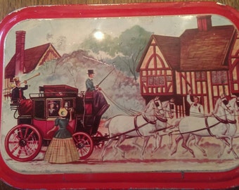 Cool Old Vintage Cookie Tin, possibly Fruit Cake Tin featuring a Horse & Wagon, Victorian Era Scene
