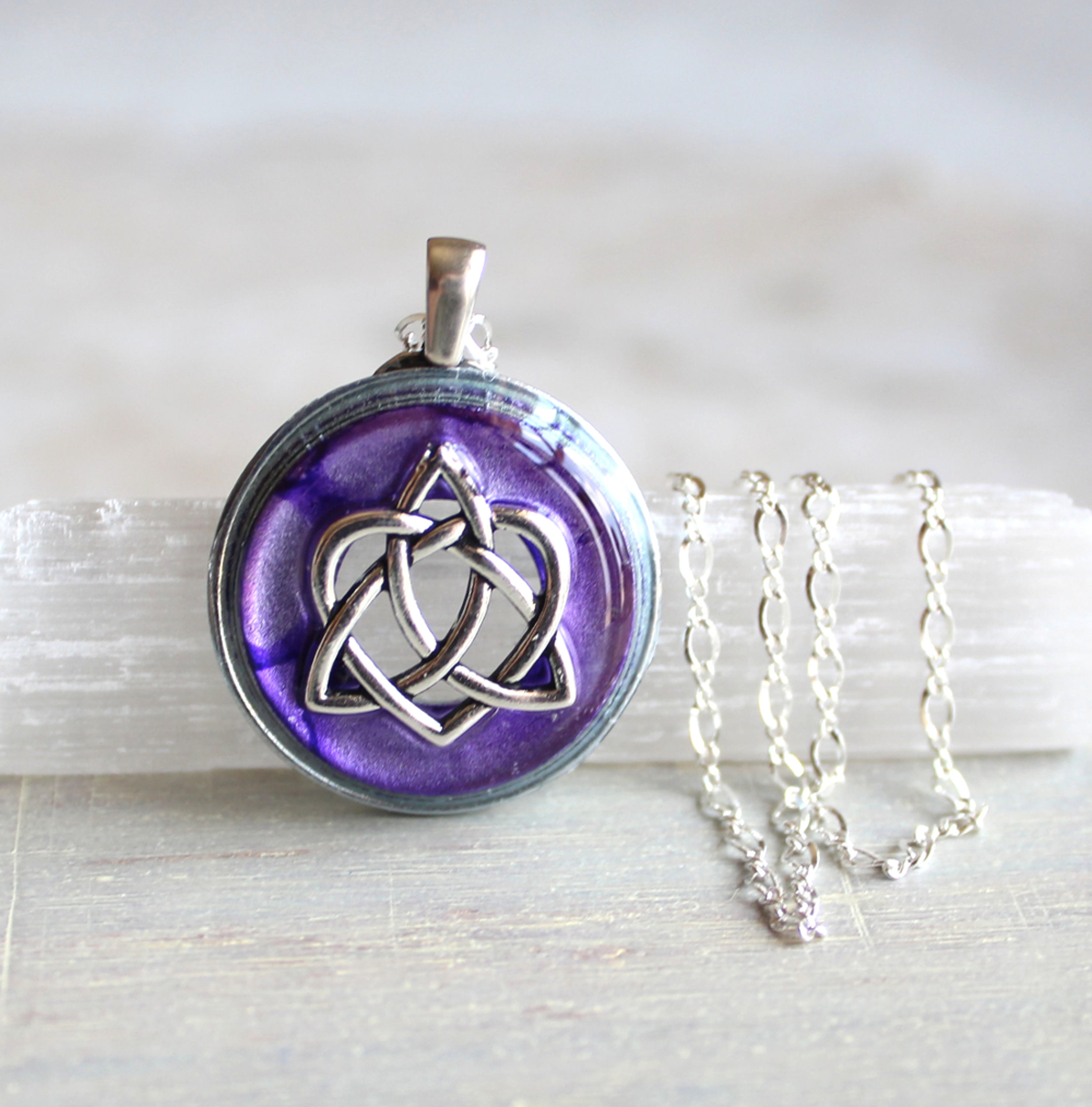 purple celtic sister knot necklace heart jewelry triquetra