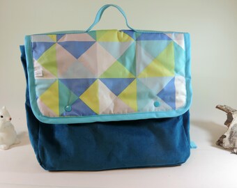 CP school turquoie and geometric blue velveteen bag satchel