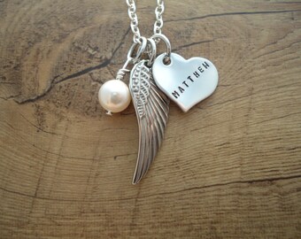 Loss Angel Wing Necklace with Name - Personalized Hand Stamped Necklace - In Loving Memory Necklace - Sympathy Gift - Loss of an Angel