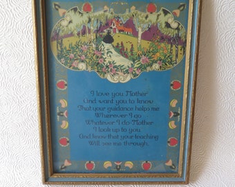 Mother Poem Motto Print Mother's Day Gift Blue Gilded Ornate Wooden Frame Art Nouveau Gilded Border 1920s