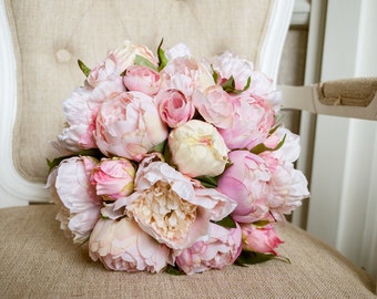 Blush pink and pale pink silk wedding bouquet. Made with artificial peonies.