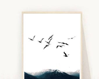 Birds Print, Flying Birds Print, Minimalist Print, Flock Of Birds, Printable Art, Wall Art, Instant Download