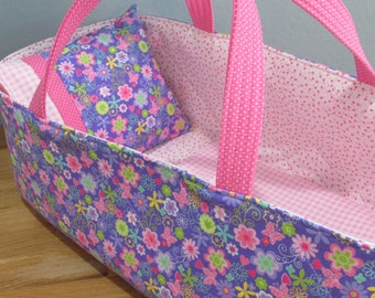 Doll Carrier, Will Fit Bitty Baby and Wellie Wisher Dolls, Lavender and Pink Floral and Butterfly, 16 Inches Long, Doll Basket