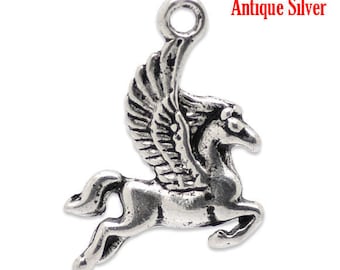 PB56 - Set of 10 silver-plated 16x20mm Pegasus winged horse charms