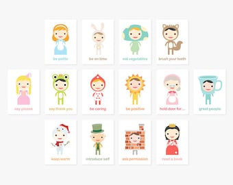Happy Manners Card Set B of 14 - Good Manners Learning & Educational Flash Cards // Kids Wall Art Children Room Decor