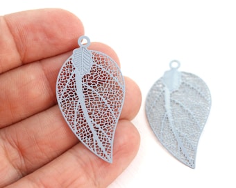 2pc Light Grey Filigree Leaf charms, Thin Laser cut stamping filigree leaves, Metal leaf pendant bead - F545