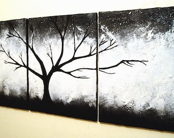 Original painting abstract triptych landscape large painting impasto wall canvas art black white Modern Palette Knife Painting 20 x 48 "