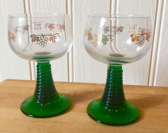 Quirky vintage french green stemmed wine glasses . Mid century