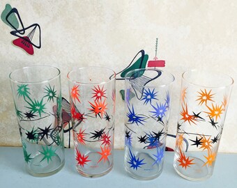 Set of 4 - French - Vintage - Retro - Atomic - Starburst - Glass - Slim Jim - Tumblers