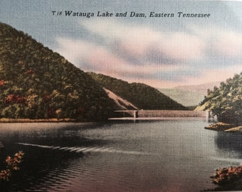 Vintage Tn Postcard Watauga Lake and Dam TVA Dam Eastern Tennessee