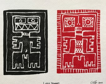 Little Demons, Hand made Linocut, watercolor paper