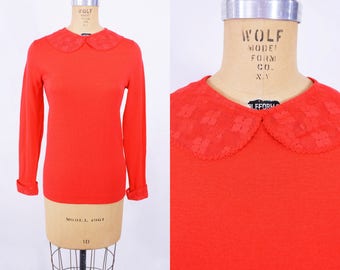 1970s mod top | red lace peter pan collar long sleeve top | vintage 70s top | W 30"