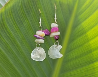 Silver Fishhook Earwires with Beached Shell with Purple/White Shell Beads