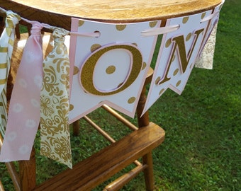 pink and gold first birthday banner * ONE banner * pink and gold rag garland banner* first birthday banner * high chair * pink and gold