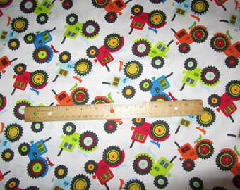 White with Multicolored Tractors Cotton Fabric by the Yard