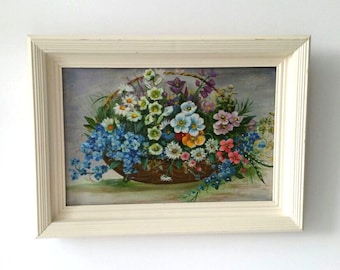 Antique wood framed oil painting 'flower basket' * vintage oil painting * flower basket * wood framed painting * wall decor
