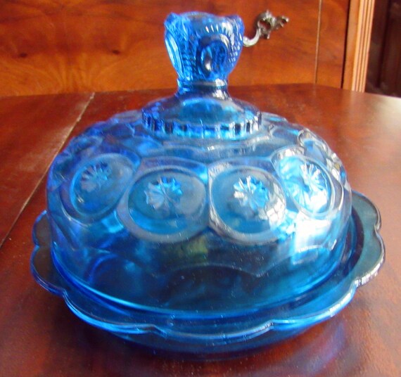 Blue carnival glass covered cheese or butter dish