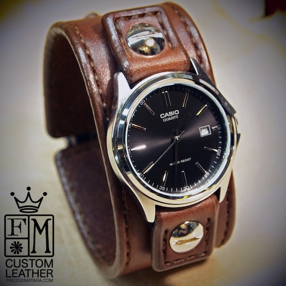 Leather cuff Watch -Brown bridle leather handstitched watch band with Casio watch custom made for YOU in Brooklyn NY